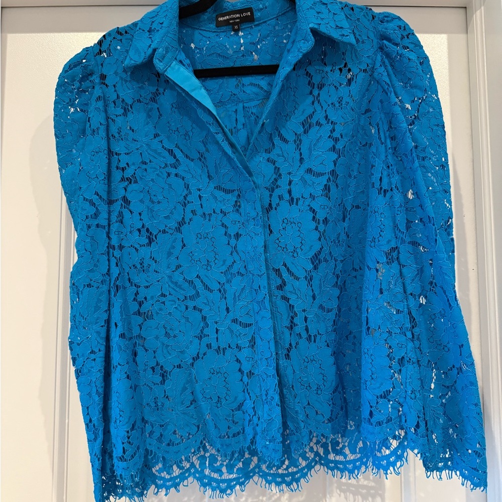 Generation Love Blue Lace Button Front Shirt
